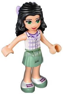 Friends Emma - Sand Green Skirt, White Plaid Button Shirt, Bow