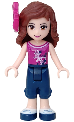 Friends Olivia (Light Nougat) - Dark Blue Cropped Trousers, Magenta Top, Magenta Bow