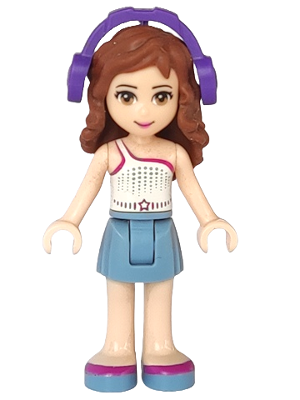 Friends Olivia (Light Nougat) - Sand Blue Skirt, White One Shoulder Top with Magenta Trim,  Headphones