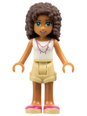 Friends Andrea - Tan Shorts, White Top with Necklace with Music Notes
