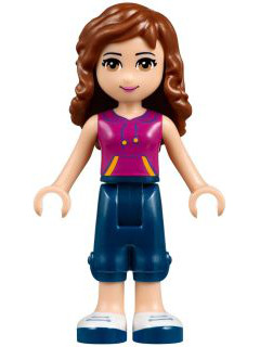 Friends Olivia (Light Nougat) - Dark Blue Cropped Trousers, Magenta Top with Yellow and Dark Purple Stripes
