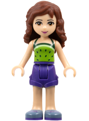 Friends Olivia (Light Nougat) - Dark Purple Shorts, Lime Halter Top with Dark Green Spots Pattern