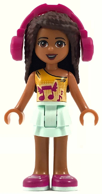 Friends Andrea - Light Aqua Layered Skirt, Bright Light Orange Top with Winged Music Notes, Headphones