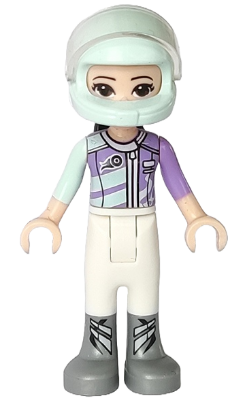 Friends Emma - White Trousers, Light Aqua and Medium Lavender Racing Jacket, Light Aqua Racing Helmet with Black Ponytail