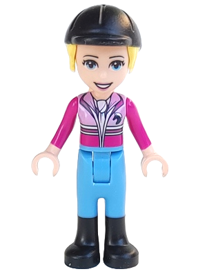 Friends Stephanie - Bright Pink and Magenta Jacket with Horse Head Logo, Medium Blue Pants, Black Boots, Black Riding Helmet with Bright Light Yellow Ponytail