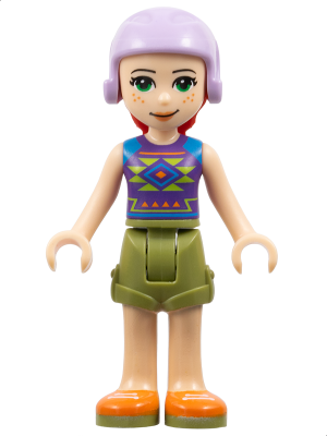 Friends Mia - Olive Green Shorts, Dark Purple Top with Diamonds and Triangles, Lavender Ski Helmet with Red Hair