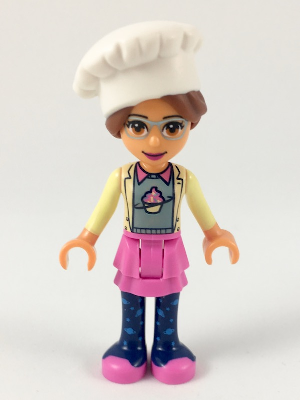 Friends Olivia (Nougat) - Dark Pink Skirt and Dark Blue Leggings, Sand Green Sweater with Bright Yellow Jacket, White Chef Toque with Hair