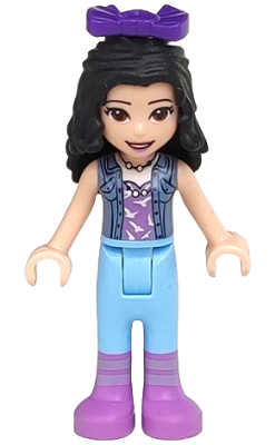 Friends Emma - Medium Lavender Top with White Birds, Sand Blue Vest, Medium Light Blue Trousers, Bow