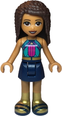 Friends Andrea - Dark Turquoise Halter Top with Magenta Stripes and Dots, Dark Blue Skirt, Gold Boots and Belt