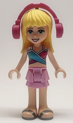 Friends Stephanie - Bright Pink Layered Skirt, Magenta and Medium Blue Swimsuit Top, Headphones