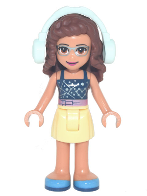 Friends Olivia (Nougat) - Bright Light Yellow Skirt, Dark Blue Top with Constellations, Light Aqua Headphones