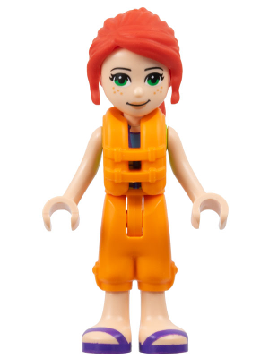 Friends Mia - Lime Jacket Vest with Pockets, Orange Cropped Trousers, Dark Purple Sandals, Orange Life Jacket