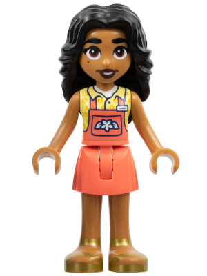 Friends Adi - Coral Overalls Skirt, Bright Light Yellow Shirt, Gold Sandals