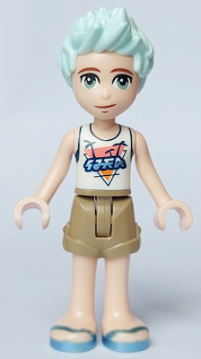 Friends Charli - White Top with Dark Blue Trim and Palm Trees, Dark Tan Shorts, Metallic Light Blue Sandals