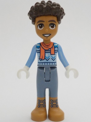 Friends Aron (Aaron) - Bright Light Blue Sweater, Coral Scarf, Sand Blue Trousers, Medium Nougat Boots