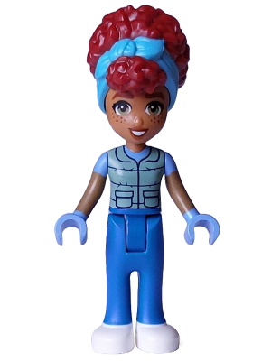 Friends Gabriela - Sand Green Vest over Medium Blue Shirt, Blue Trousers, White Shoes, Medium Azure Head Wrap