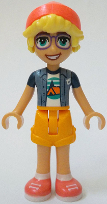 Friends Olly - Sand Blue Jacket over White T-Shirt with Tent, Bright Light Orange Shorts, Coral Shoes and Hat