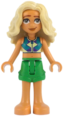 Friends Sage - Dark Turquoise, Yellowish Green and Dark Purple Sleeveless Top, Bright Green Shorts, Bare Feet