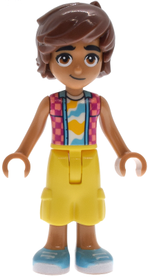 Friends Leo - Coral and Magenta Checkered Sleeveless Shirt, Yellow Cropped Trousers, Medium Azure Shoes
