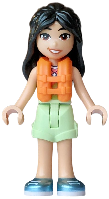 Friends Liann - Lime, Coral and Medium Azure Tank Top, Yellowish Green Shorts Folded Hem, Metallic Light Blue Shoes, Orange Life Jacket, Bright Pink Flower