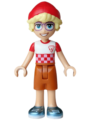Friends Olly - White T-Shirt Checkered with Pizza Slice, Dark Orange Shorts, Metallic Light Blue Shoes, Red Hat