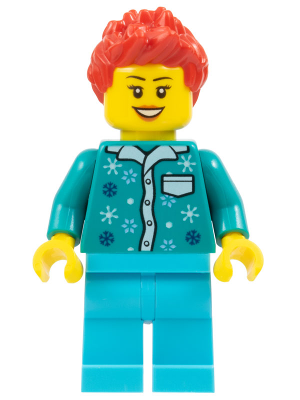 Woman - Dark Turquoise Snowflake Blouse, Medium Azure Legs, Red Spiked Hair