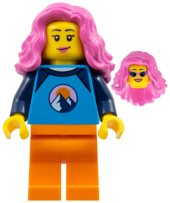 Saxophone Player - Female, Dark Azure and Dark Blue Shirt with Mountains, Orange Legs, Dark Pink Wavy Hair