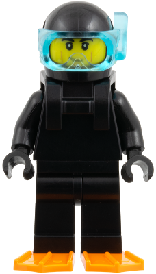 Diver - Male, Black Wetsuit, Trans-Light Blue Visor, Orange Flippers