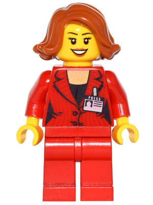 Press Woman / Reporter - Red Legs, Dark Orange Female Hair Short Swept Sideways, Dark Orange Lips, Open Mouth Smile