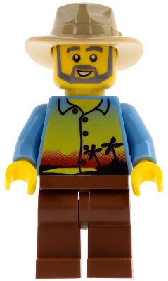 Sunset and Palm Trees - Male, Reddish Brown Legs, Tan Fedora, Beard