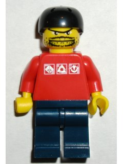 Skateboarder, Red Shirt with Silver Logos, Dark Blue Legs