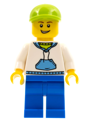 White Hoodie with Medium Blue Pocket, Blue Legs, Lime Short Bill Cap