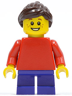 Plain Red Torso with Red Arms, Dark Purple Short Legs, Dark Brown Ponytail and Swept Sideways Fringe