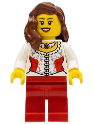 White Lace Blouse with Red Side Panels and Ruby Necklace, Red Legs, Reddish Brown Female Hair over Shoulder, Black Eyebrows