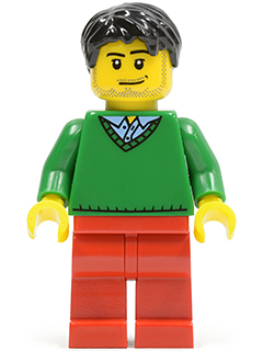 Green V-Neck Sweater, Red Legs, Black Short Tousled Hair, Smirk and Stubble Beard
