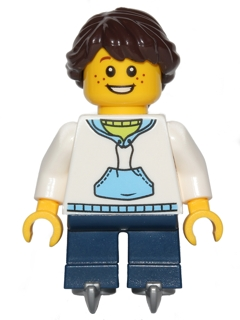Child - Girl, White Hoodie with Medium Blue Pocket, Dark Blue Short Legs, Dark Brown Braided Ponytail Hair, Ice Skates, Freckles