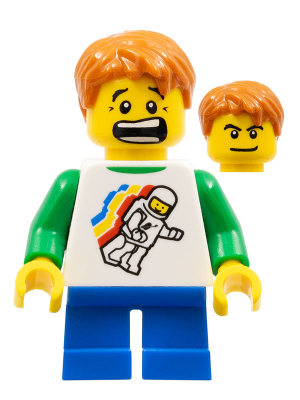 Classic Space Minifigure Floating Pattern, Blue Short Legs, Dark Orange Short Tousled Hair