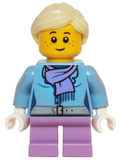 Medium Blue Jacket with Light Purple Scarf, Medium Lavender Short Legs, Bright Light Yellow Ponytail and Swept Sideways Fringe