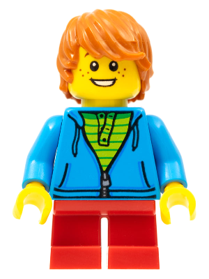 Child - Boy, Dark Azure Hoodie, Red Short Legs, Dark Orange Tousled Hair, Freckles