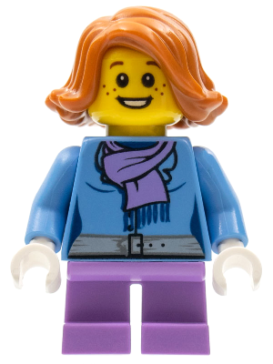 Christmas Train Ride Passenger - Medium Blue Jacket with Medium Lavender Scarf with Fringe and Black Belt Buckle, Short Legs