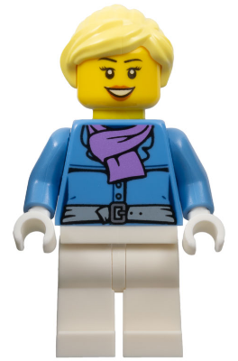 Female, Jacket with Medium Lavender Scarf, White Legs, Bright Light Yellow Ponytail, Open Mouth Smile