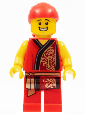 Lion Dance Musician, Red Head Wrap, Smile, Red Robe with Gold Dragon