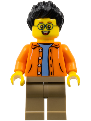 Man, Black Spiked Hair, Glasses, Orange Jacket, Sand Blue Shirt, Dark Tan Legs