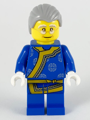 Shadow Puppeteer, Light Bluish Gray Hair, Glasses, Blue Changshan with Yellow Hem and Sash, Silver Circles Pattern