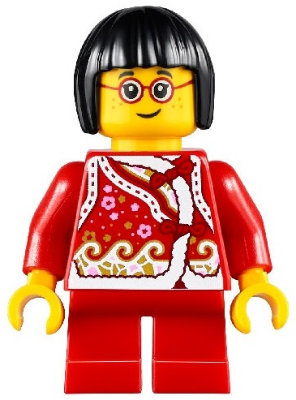 Child - Girl, Red Shirt with Bows and Flowers, Red Short Legs, Black Short Hair, Glasses, Freckles
