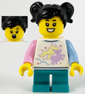 Child - Girl, White Shirt with Unicorn, Dark Turquoise Short Legs, Black Hair with Pigtails