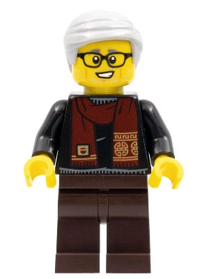 Grandfather, Black Shirt with Dark Red Scarf, Dark Brown Legs, Light Bluish Gray Hair