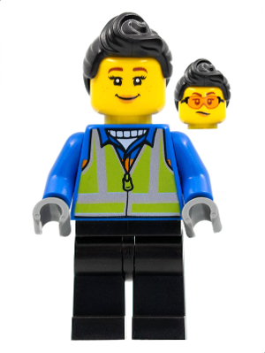 Woman, Black Hair, Blue Coat, Lime Safety Vest, Black Legs