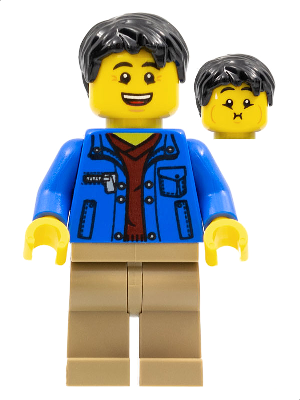 Man, Black Hair, Blue Jacket, Dark Red Shirt, Dark Tan Legs