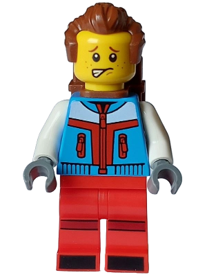 Tourist - Male, Dark Azure Jacket, Red Legs with Dark Red Stripes on Knees, Reddish Brown Swept Back Hair, Freckles, Backpack